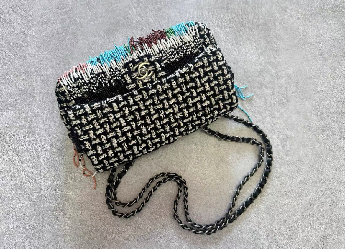 Chanel Dallas Metiers D'art 2014 Multi Color Beaded Fringe Rare Tweed Classic Flap Shoulder Bag