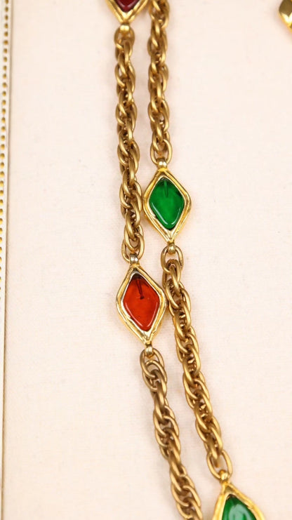 Chanel Red and Green Diamond-Shaped Glass Gold Chain Necklace