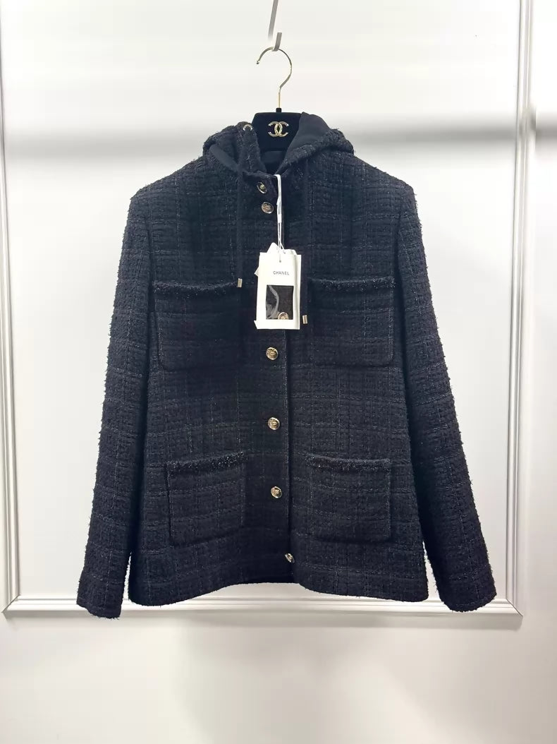 Chanel 25B black tweed hooded jacket