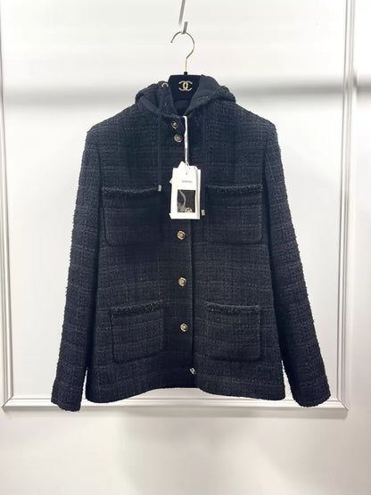 Chanel 25B black tweed hooded jacket