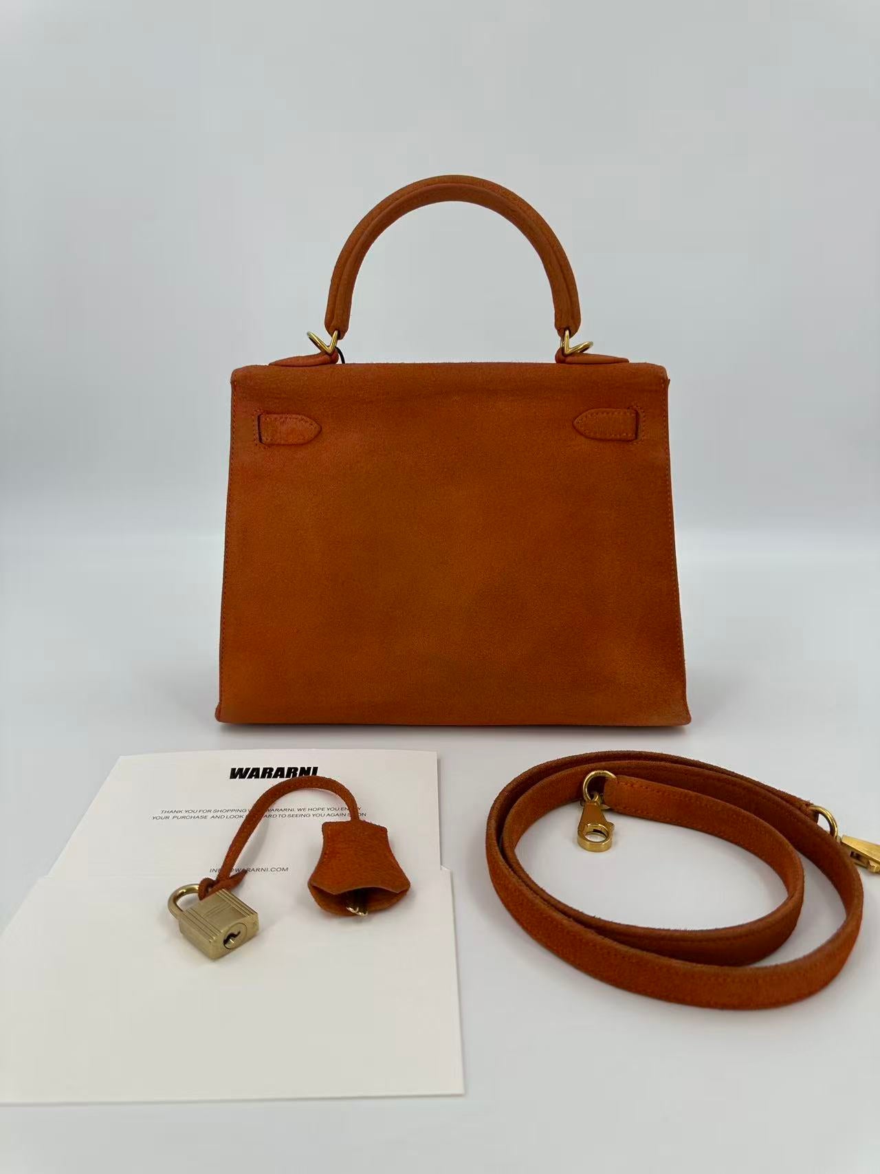 Hermes Kelly 25 Orange Doblis Suede Leather gold hardware