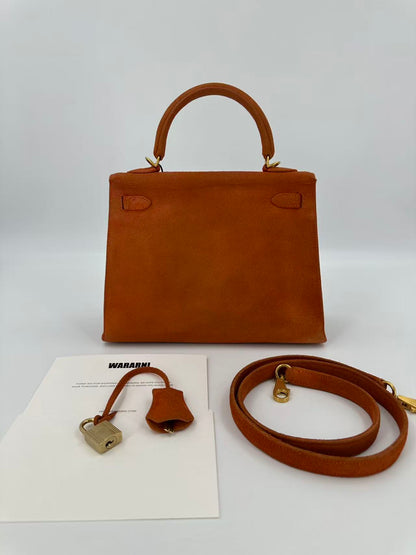 Hermes Kelly 25 Orange Doblis Suede Leather gold hardware