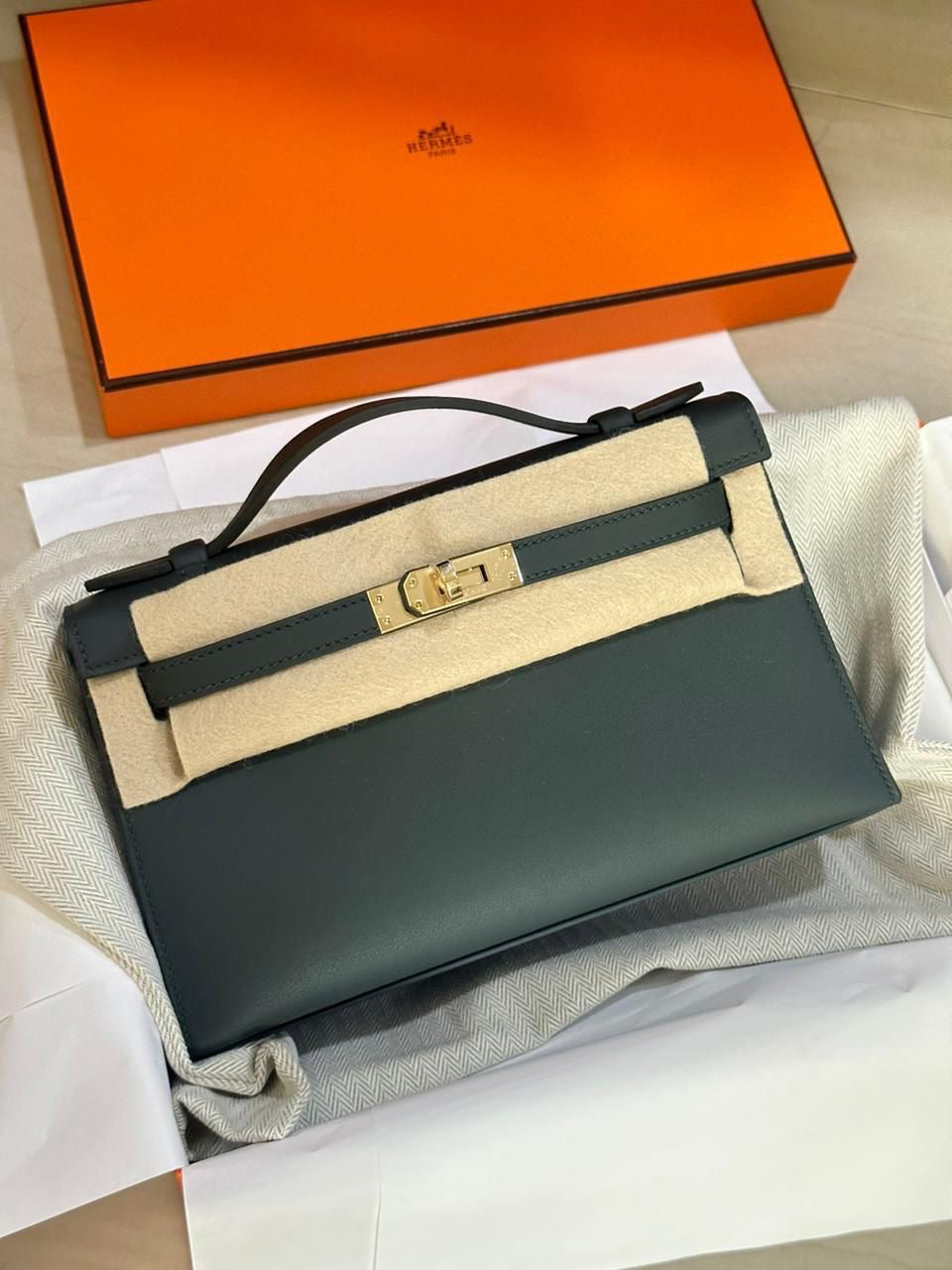 Hermès Kelly Pochette Vert Mangrove Swift Permabrass Hardware