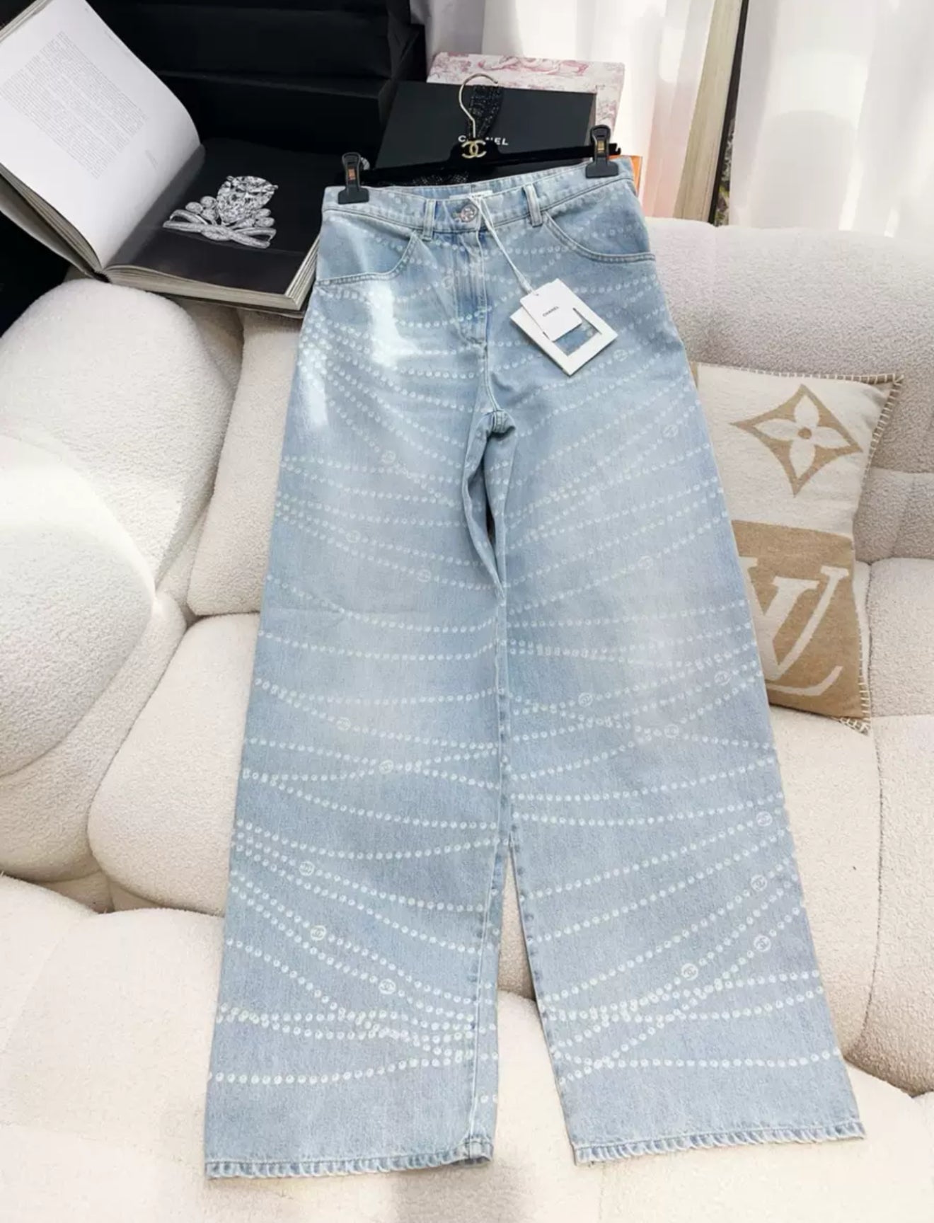 Chanel 25P Light Blue Denim Pearl Print CC Logo Baggy Jeans