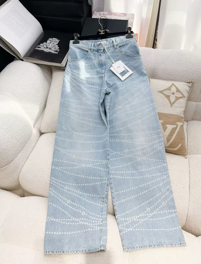 Chanel 25P Light Blue Denim Pearl Print CC Logo Baggy Jeans