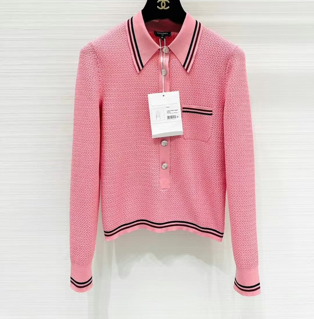 Chanel long-sleeve polo knit top in pink textured knit with navy and white striped collar, cuffs and hem