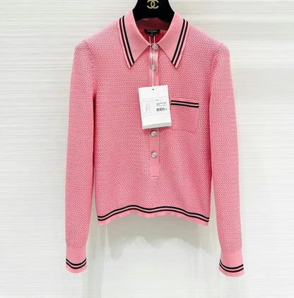 Chanel long-sleeve polo knit top in pink textured knit with navy and white striped collar, cuffs and hem