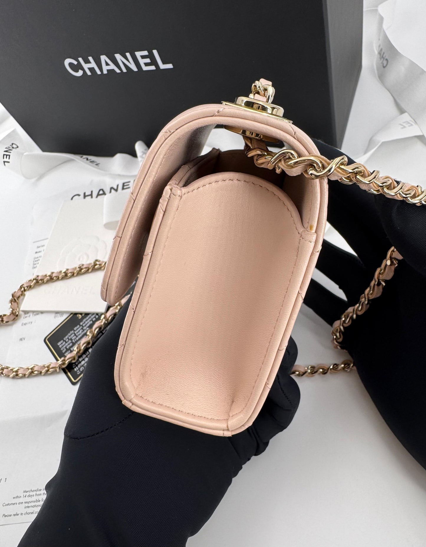 Chanel peach quilted leather coin purse with gold chain strap