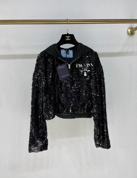 PRADA SEQUIN-EMBELLISHED CHIFFON HOODIE Size 36