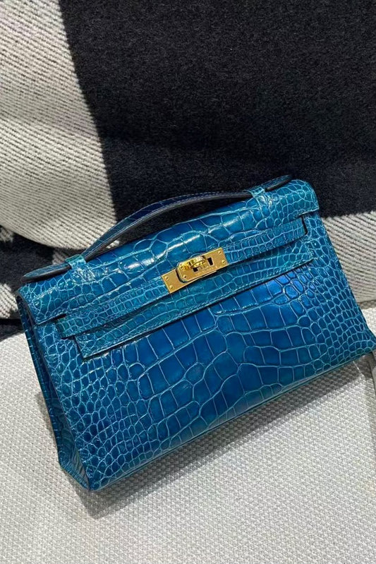Hermes Kelly Pochette vert bosphere shiny alligator gold hardware