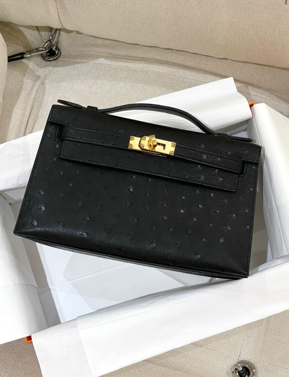 Hermes Kelly Pochette Black Ostrich Gold Hardware