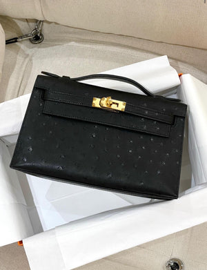 Hermes Kelly Pochette Black Ostrich Gold Hardware
