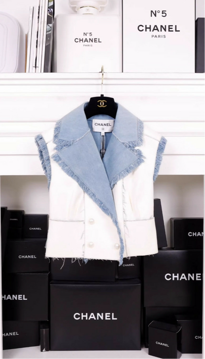 Chanel 2019 Cruise Collection Denim and Leather White Vest