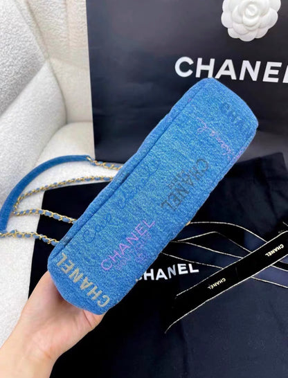 CHANEL 22P SM Quilted Print Blue Denim Jean Imprime Flap Handbag Chain