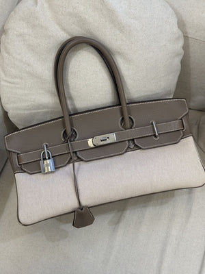 Hermes JPG Birkin Shoulder 42 Etoupe TC & Ecru Toile Palladium Harwdare