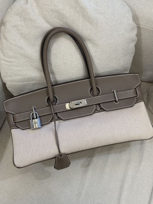 Hermes JPG Birkin Shoulder 42 Etoupe TC & Ecru Toile Palladium Harwdare