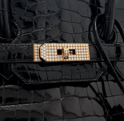 Rare Hermes Birkin 35 Black shiny crocodile leather Gold Diamond Hardware