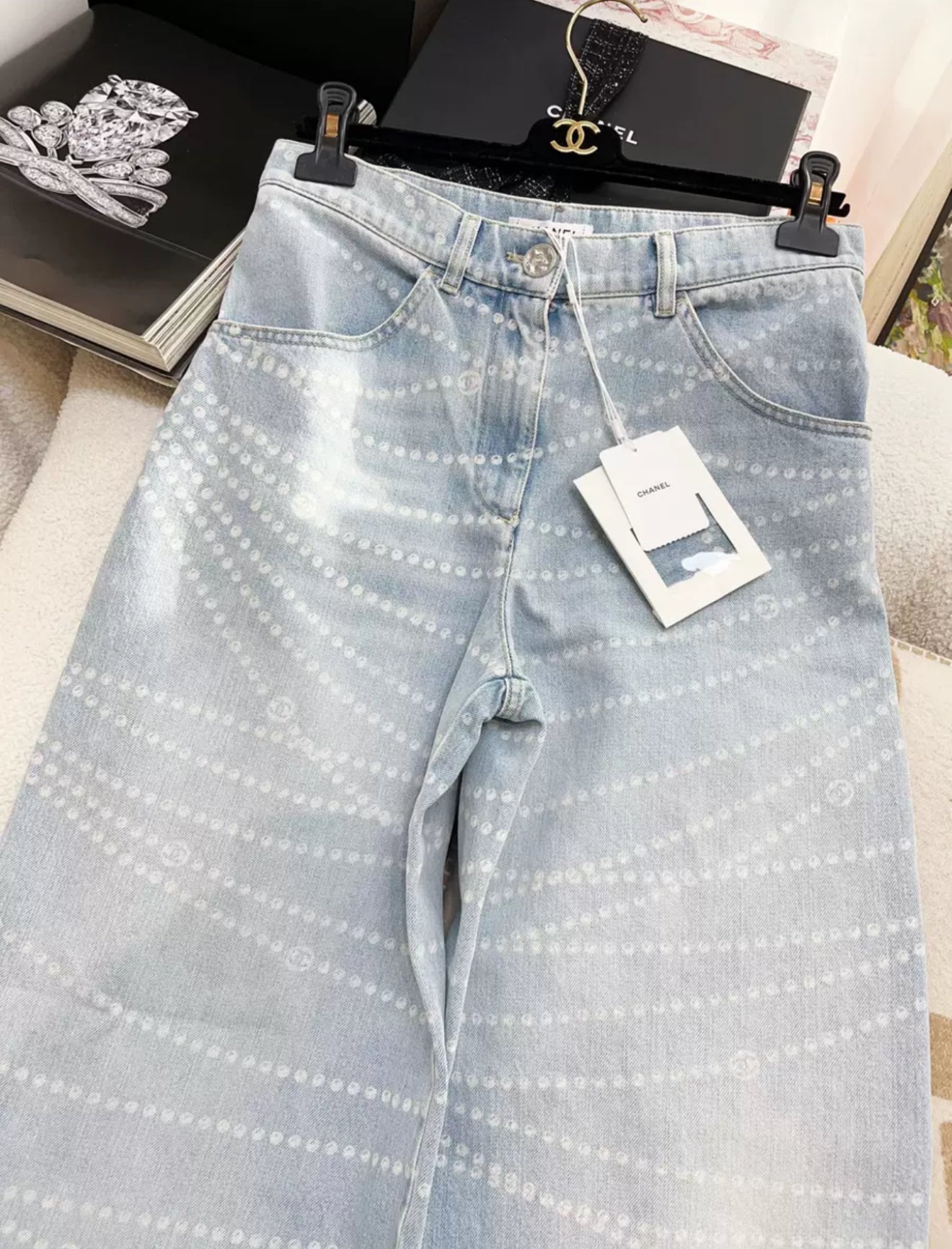 Chanel 25P Light Blue Denim Pearl Print CC Logo Baggy Jeans