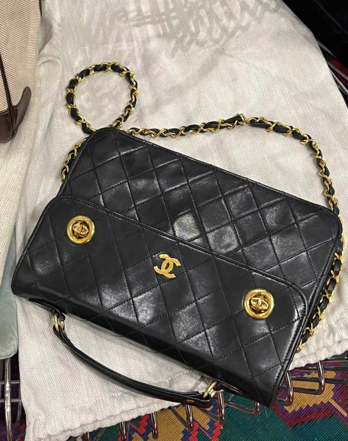 Rare Chanel Vintage Timeless Classic CC Double Turn Lock Bag