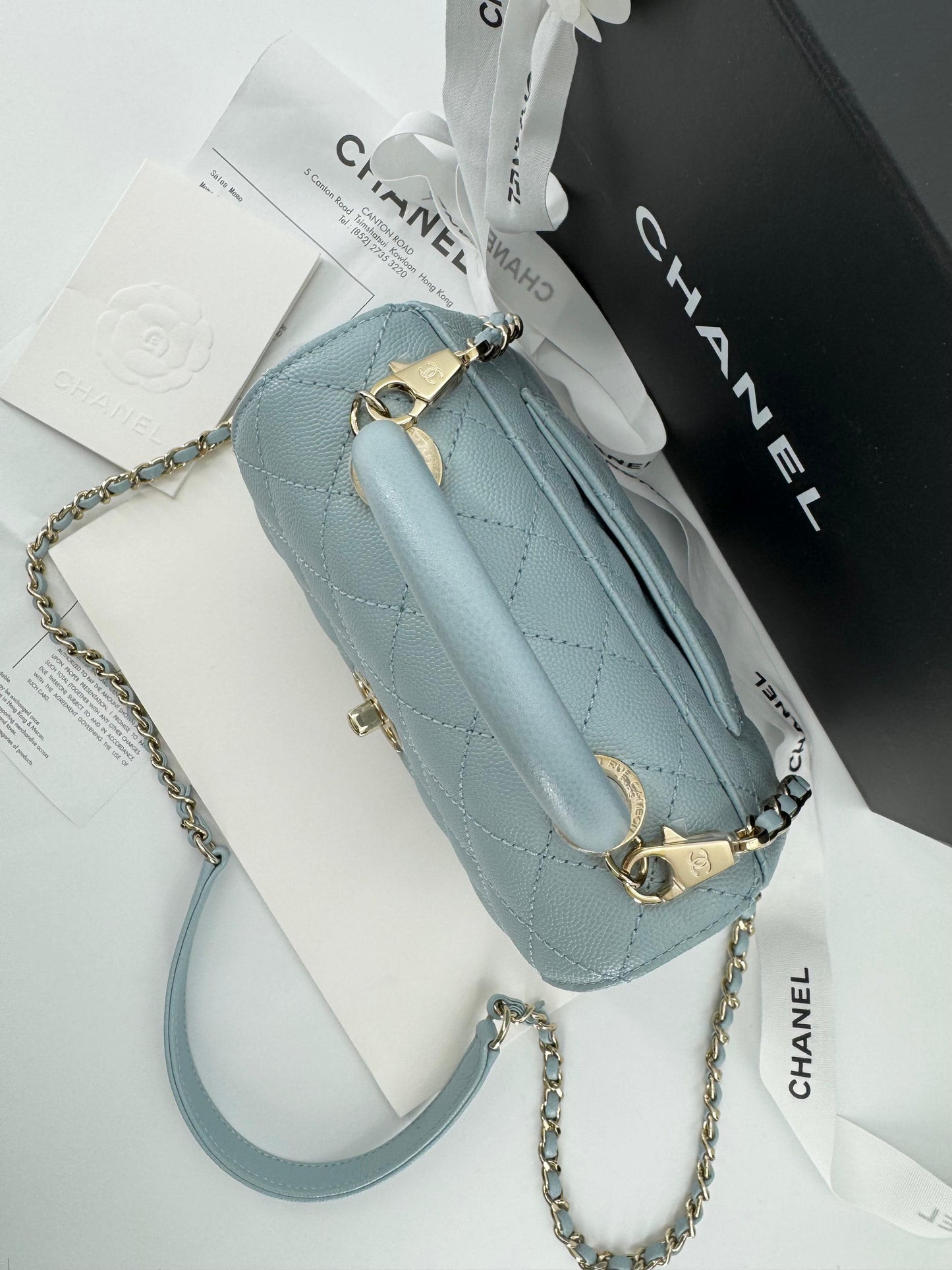 Chanel baby blue grained leather mini coco handle with light gold hardware