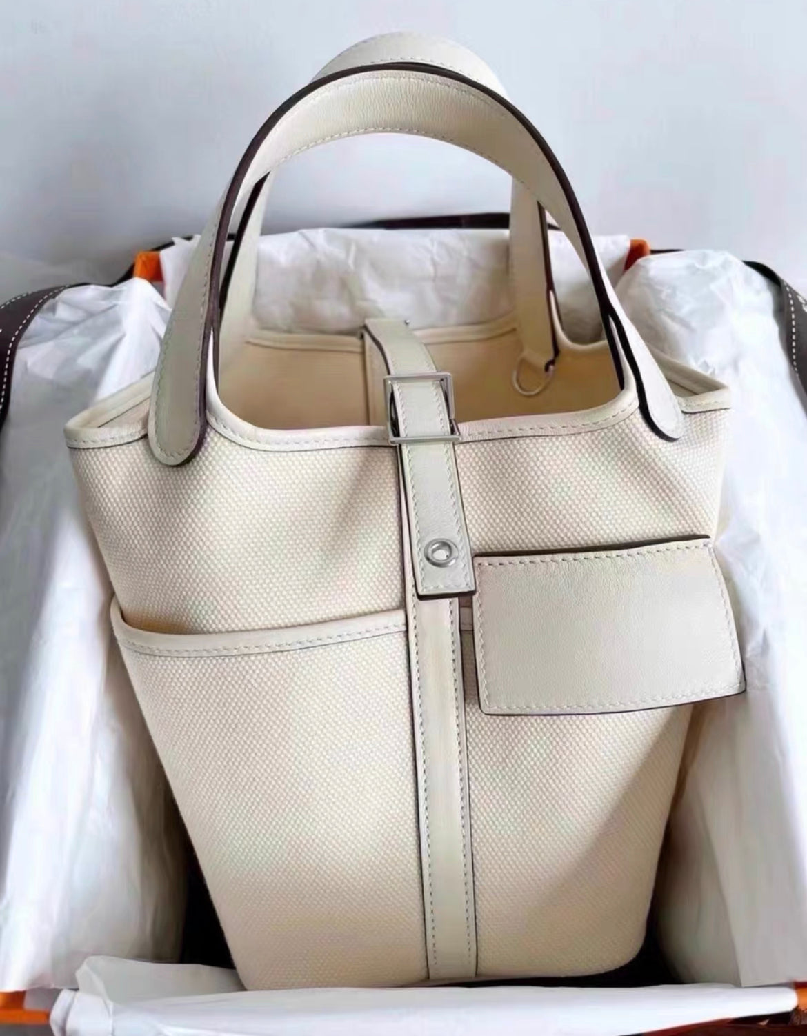 Hermès Picotin Cargo 18 Nata Swift and Toile Canvas Palladium Hardware