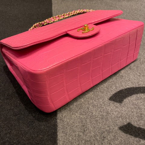 Super Rare Chanel Medium flap Pink Barbie Matte Crocodile leather with gold hardware