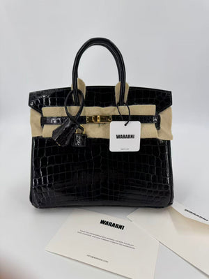 Hermes Birkin 25 Black shiny porosus crocodile leather gold hardware