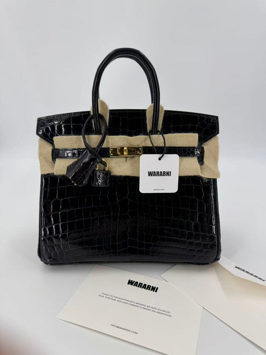 Hermes Birkin 25 Black shiny porosus crocodile leather gold hardware