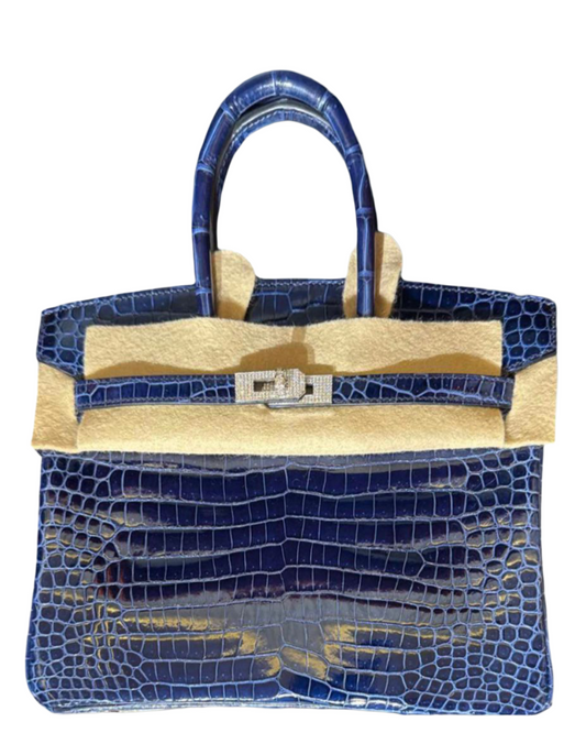 Hermes Birkin 25 Blue Sapphire Shiny crocodile Leather White Gold & Diamond hardware