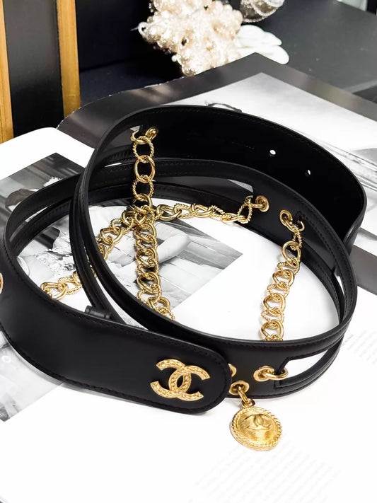 Chanel black belt with gold chain