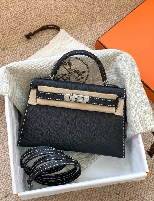 HERMÈS HSS KELLY MINI 20 SELLIER BLACK EPSOM WITH WHITE STITCHING PALLADIUM