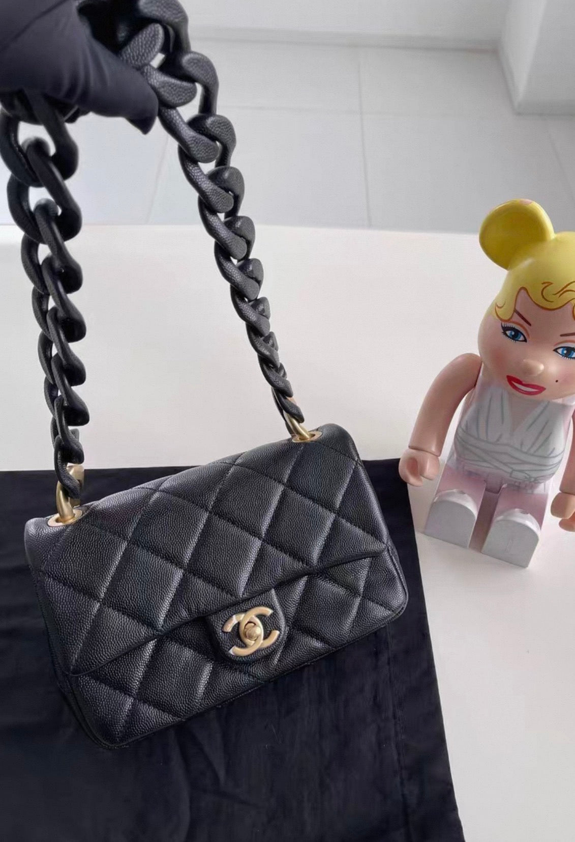 Chanel 24P Black leather wooden chain hardware
