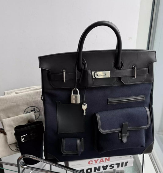 Hermès HAC 40 Bleu Marine Toile & Black Box Calf Cargo Palladium Hardware