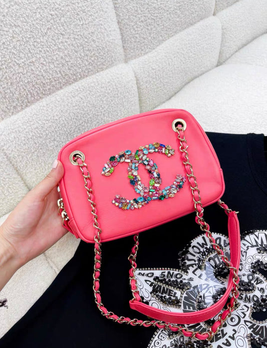 Chanel pink mini flap 21C crossbody bag Crystal rhinestone double C