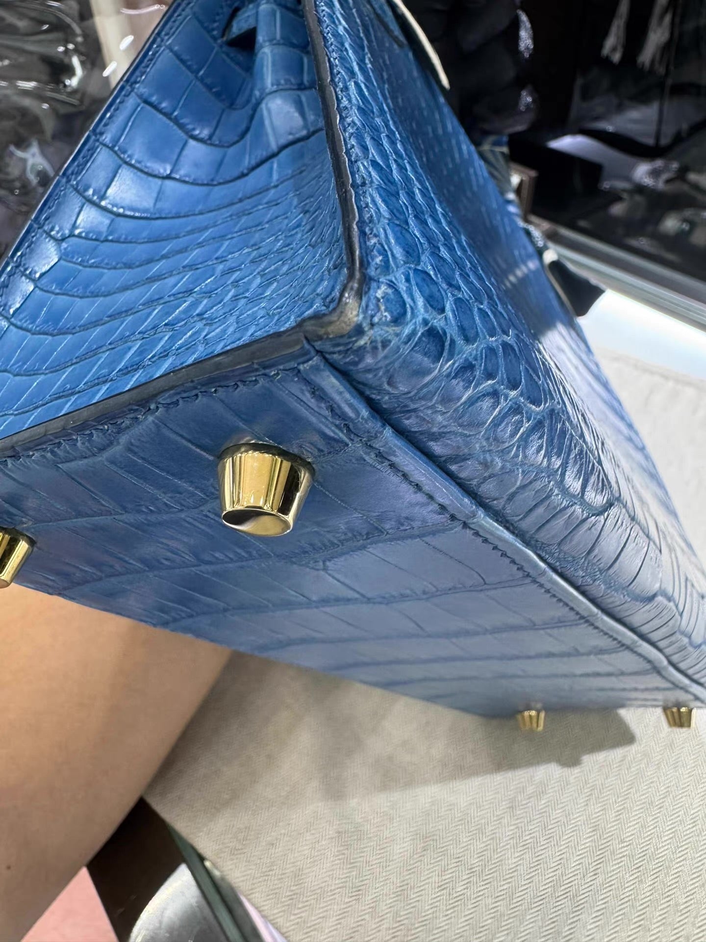 Hermes Kelly 25 Bleu Mykonos Matte Crocodile Leather Gold Hardware