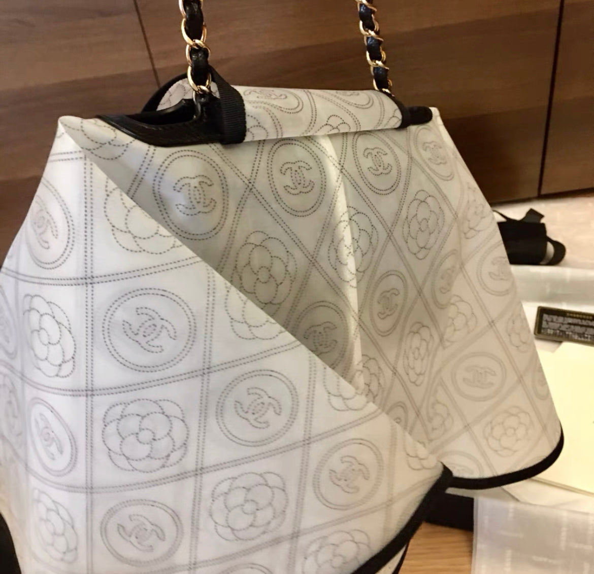 chanel bag rain cover Chanel Camellia Handbag Raincoat Printed PVC