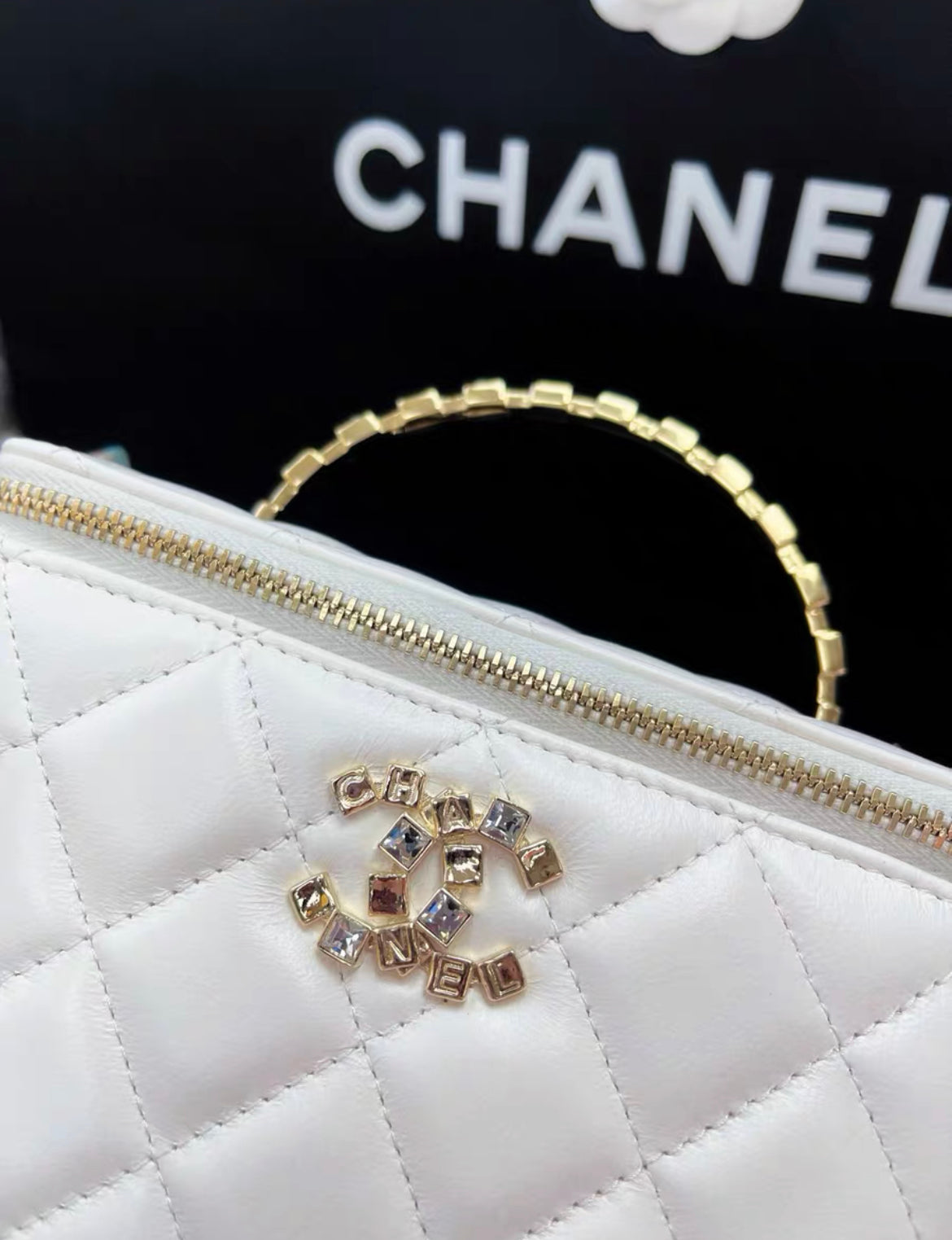 Chanel 24P white gold vanity case handle chain bag