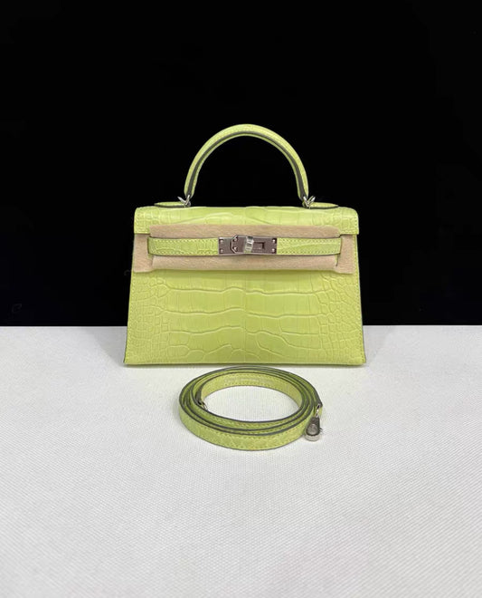 Hermès Mini Kelly Jaune Bourgeon Matte Crocodile Leather palladium Hardware