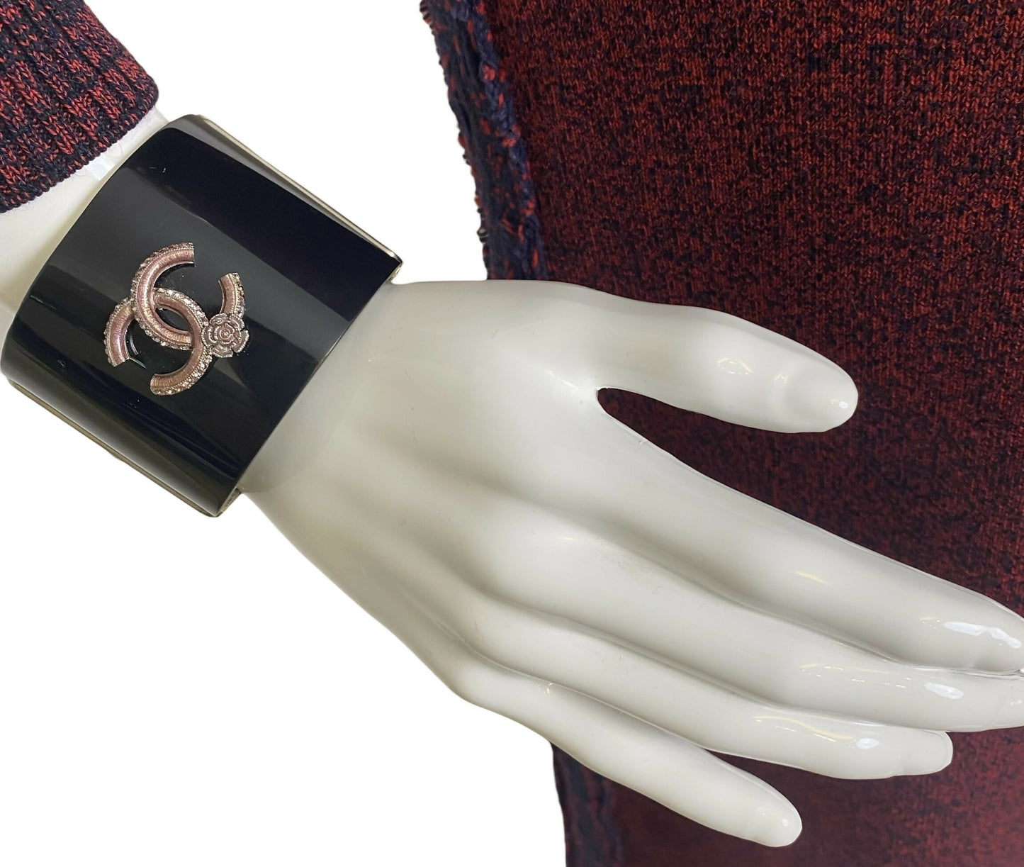 Rare Chanel 12P Black Pink Crystals Camellia Flower Double Sided CC Cuff Bracelet