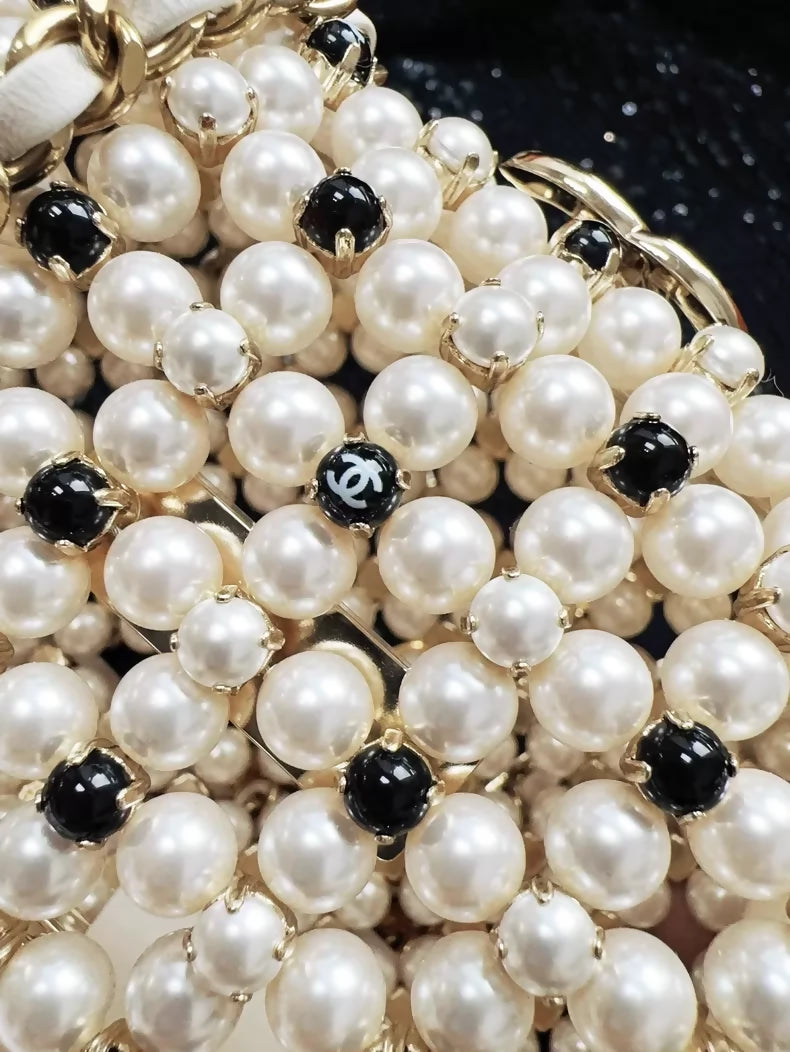 Chanel 23S black and white gold metallic pearls, chain bag
