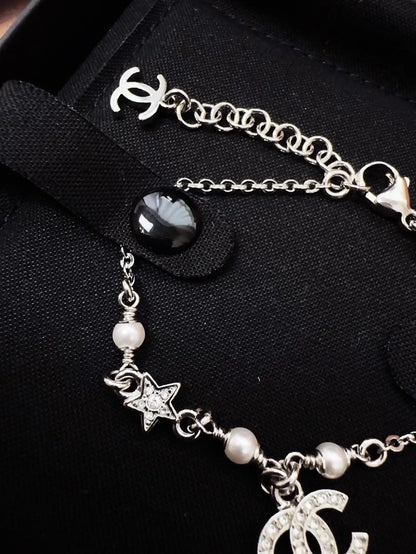 Chanel 26C silver pearl double diamond double C pendant bracelet
