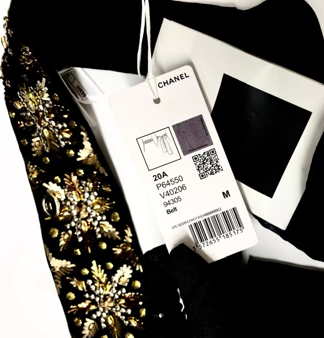 Chanel 20A Black Embroidered Silk Muslin Belt
