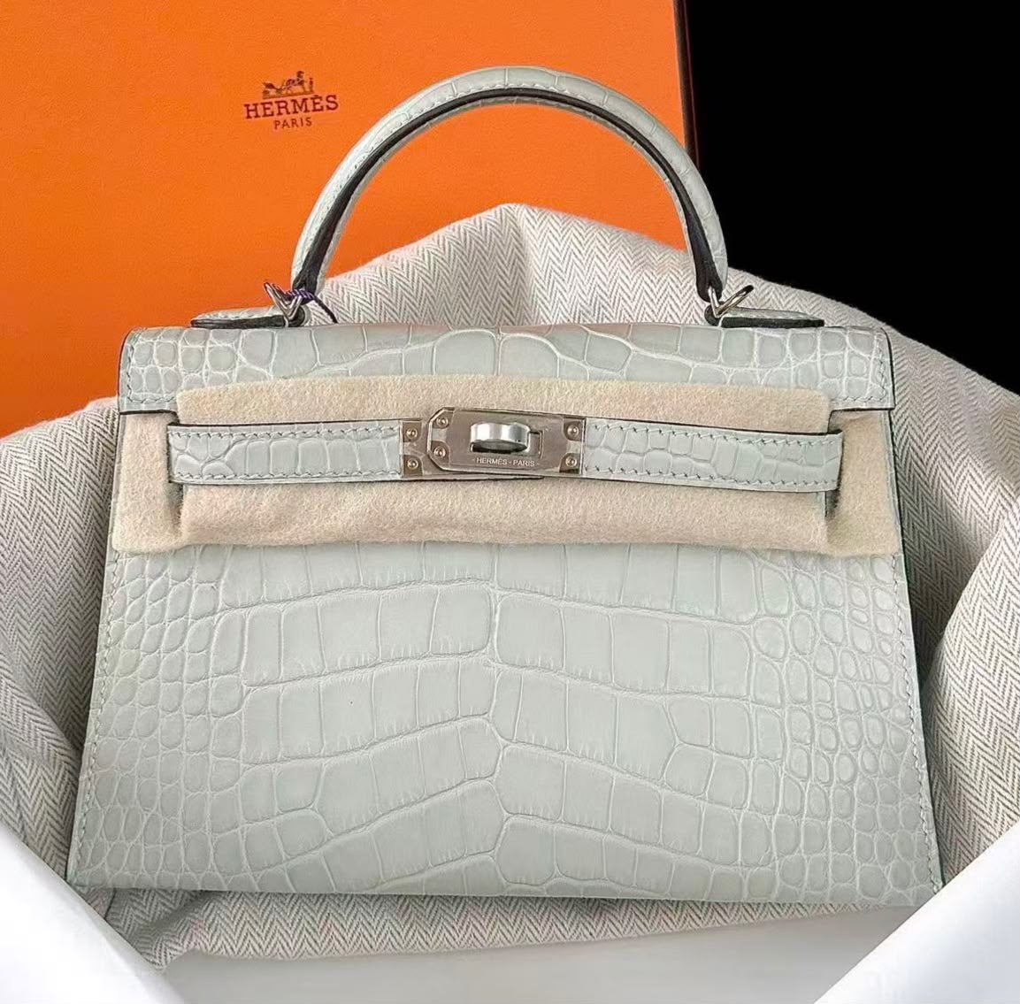 Hermes Mini Kelly 20 Gris Perle Matte Alligator Palladium hardware
