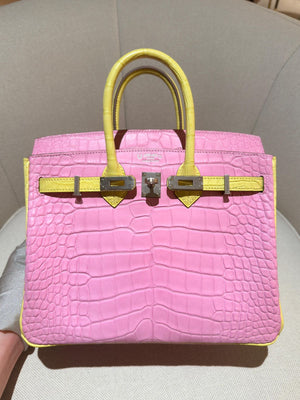 Hermes Birkin 25 Bubblegum Lime matte Alligator leather brushed palladium hardware