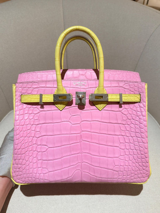 Hermes Birkin 25 Bubblegum Lime matte Alligator leather brushed palladium hardware