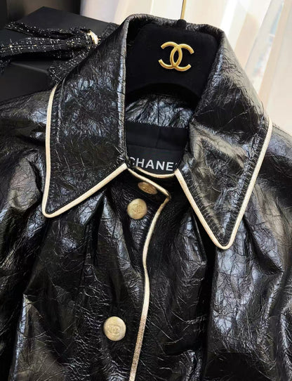 Chanel 22SS black gold two-pocket leather jacket
