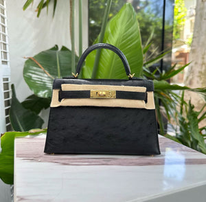 Hermès Mini Kelly Black Ostrich Gold Hardware