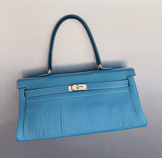 RARE. Hermes JPG Shoulder Kelly Fringe
Blue Jeans Clemence Palladium Hardware