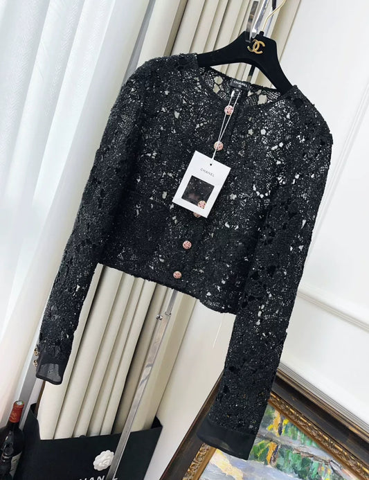 Chanel 24S Black Flower Lace Jacket