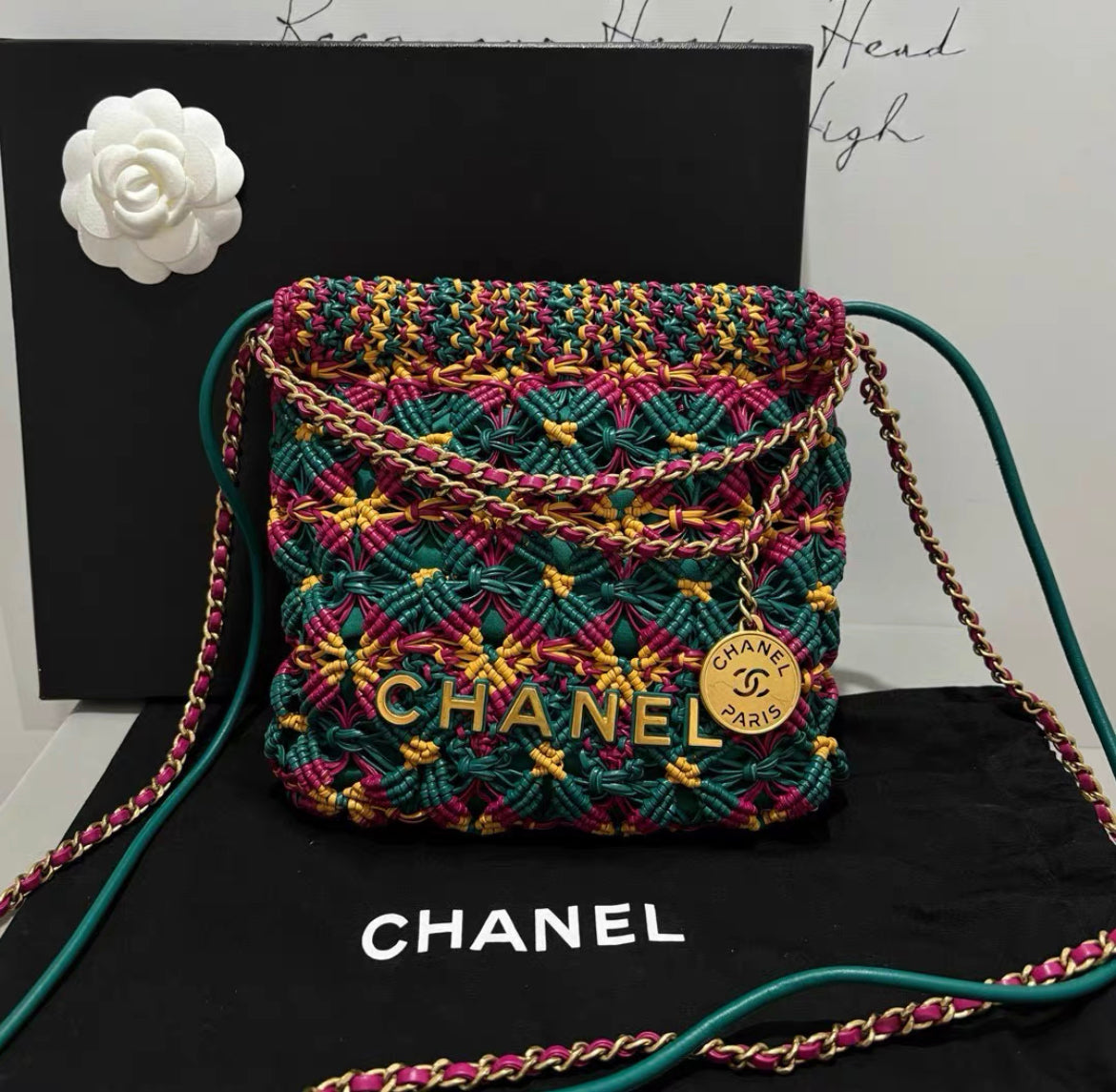 Chanel 23A Mini 22 Bag Multicolor Macrame Calfskin Gold Hardware